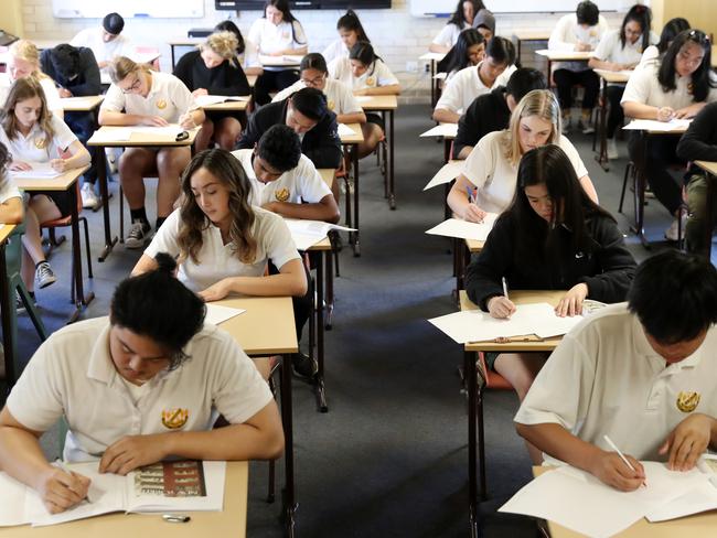 St Marys Senior High School students during the first day of the HSC exams. Picture: Jonathan Ng