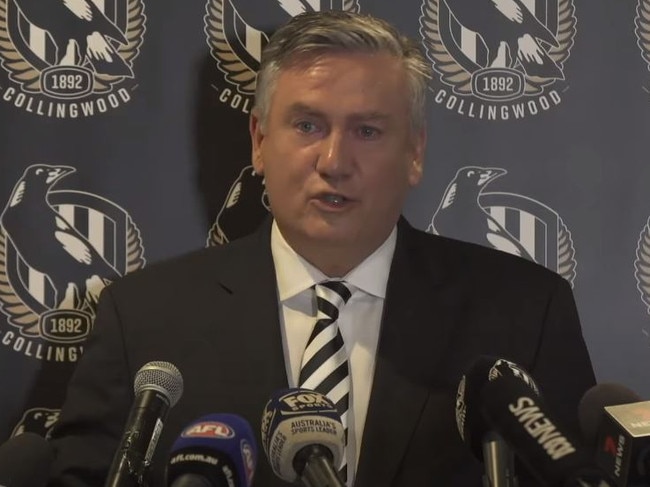 A supplied image obtained on Tuesday, February 9, 2021, shows Eddie McGuire speaking during a press conference at Holden Centre in Melbourne. McGuire announced his resignation as Collingwood Football Club President effective immediately. Picture: Collingwood Football Club, Source: https://www.youtube.com/watch?v=vQPLZl279Zo