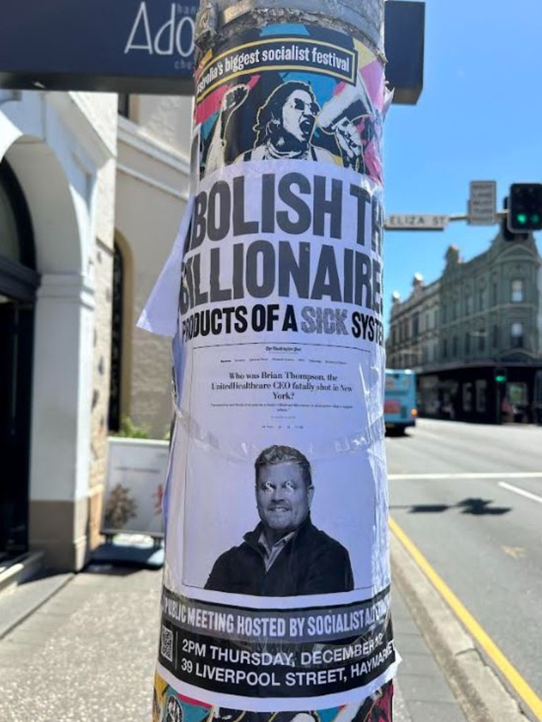 A poster spotted in Sydney’s inner west featuring the likeness of UnitedHealthcare CEO Brian Thompson.