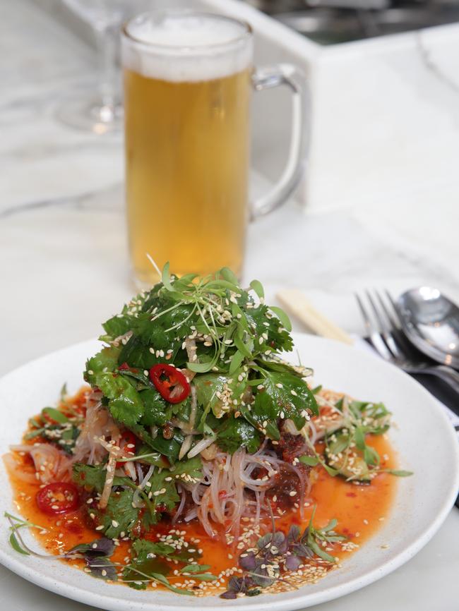 Glass noodle salad with shiso and sesame prawn dumplings.