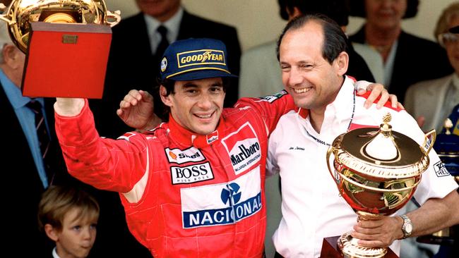 Ayrton Senna and McLaren team boss Ron Dennis celebrate victory (Photo by Steve Etherington/EMPICS via Getty Images)