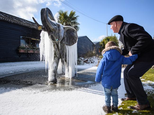 Icicles hang from a frozen elephant fountain on February 27, 2018 in Colchester, United Kingdom. Freezing weather conditions dubbed the “Beast from the East” brings snow and sub-zero temperatures to the UK. Picture: Getty Images