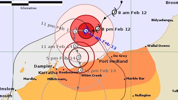 Tropical Cyclone Zelia has been declared a category five system and is expected to make landfall on Friday afternoon, with winds up to 290km/h possible. Picture: BOM