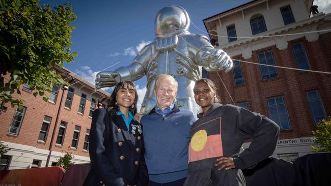 NASA chief Bill Nelson with aero-engineering student Justyce Manton and Warriappendi school student Sylvia Abdulla, at the announcement of a new internship program to propel the ambitions of Indigenous Australians at the Australian Space Discovery Centre. Picture: Emma Brasier