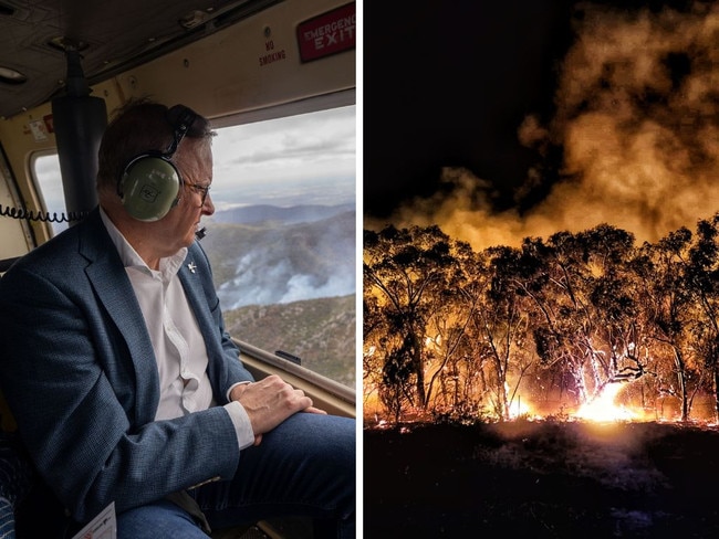 Prime Minister Anthony Albanese tours the Grampians fire area (Picture: PMO); part of the Grampians blaze as seen by CFA crews in the Pomonal area (Picture: CFA/Facebook)