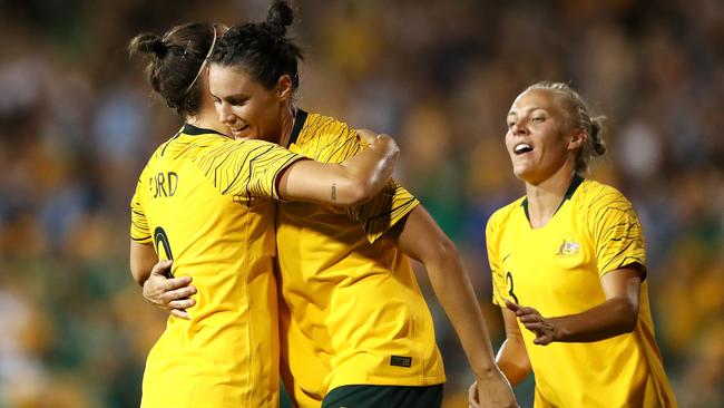 Emily Gielnik of the Matildas celebrates scoring a goal with teammates during the Cup of Nations match between the Australian Matildas and New Zealand in February this year. Picture: Cameron Spencer/Getty Images