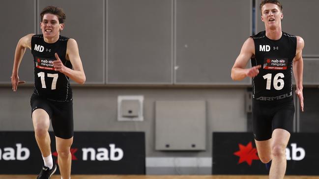 West Adelaide young gun Will Day, left, during the Yo Yo endurance test at the national draft combine. Picture: Dylan Burns/AFL Photos