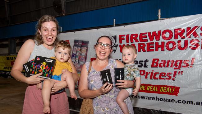 Katherine O’Loghlin, Rowan O’Loghlin, Nadine Benson and Kieran Benson at the Fireworks Warehouse at Darwin show grounds sale on Territory Day. Picture: Pema Tamang Pakhrin