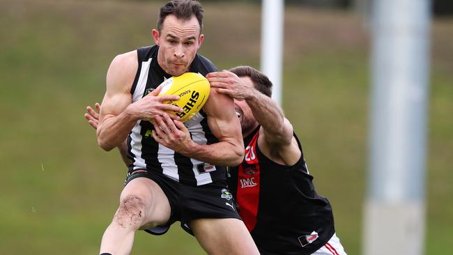 Football. Tasmanian State League. Glenorchy V North Launceston. Jaye Bowden Glenorchy and Corey Nankervis North Launceston. Picture: NIKKI DAVIS-JONES