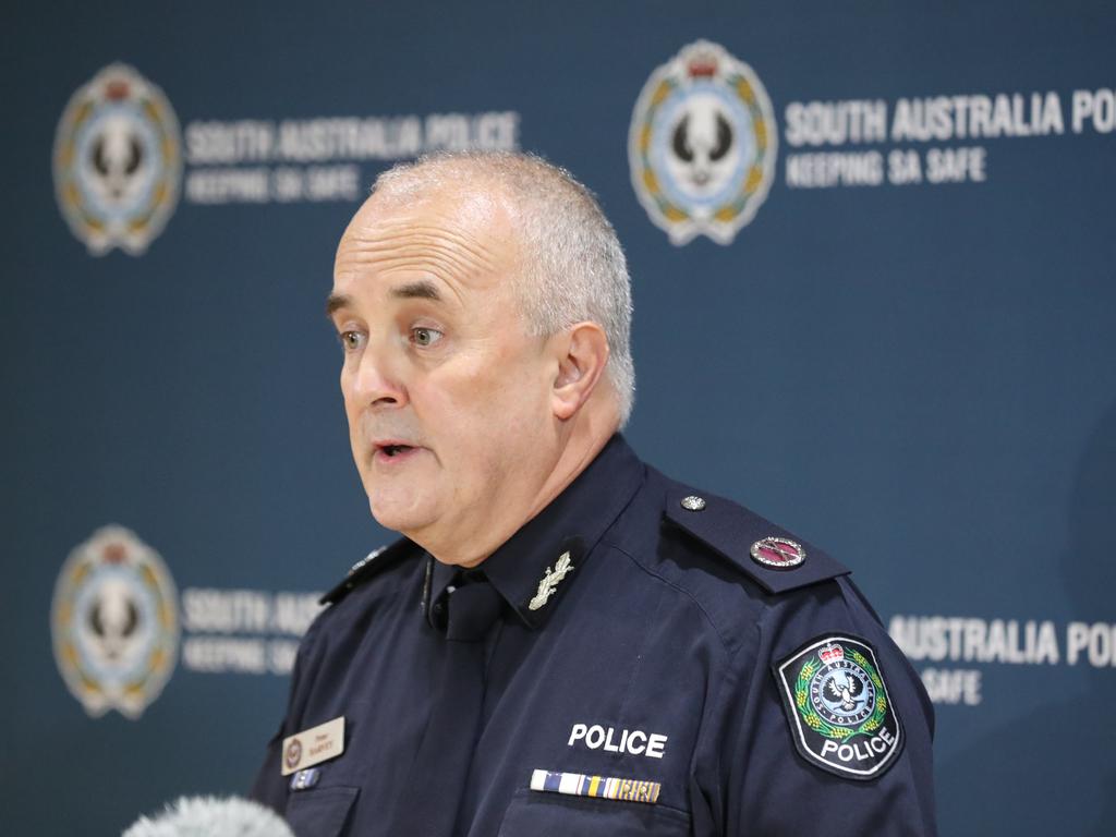 Assistant Police Commissioner Peter Harvey speaking to the media at Police Headquarters, Adelaide in relation to Task Force Protect. Picture: Tait Schmaal.