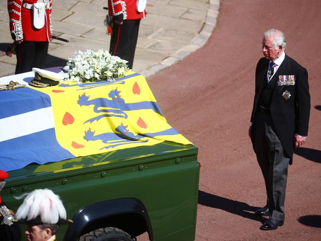 Prince Charles, Prince of Wales follows The Duke of Edinburgh’s coffin. Picture: Hannah McKay/WPA Pool/Getty Images