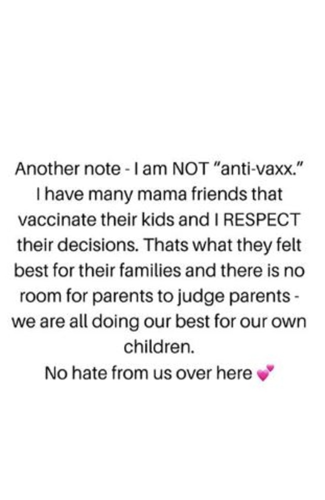 She posted this message to Instagram, clarifying she was “not ‘anti-vax’”. 