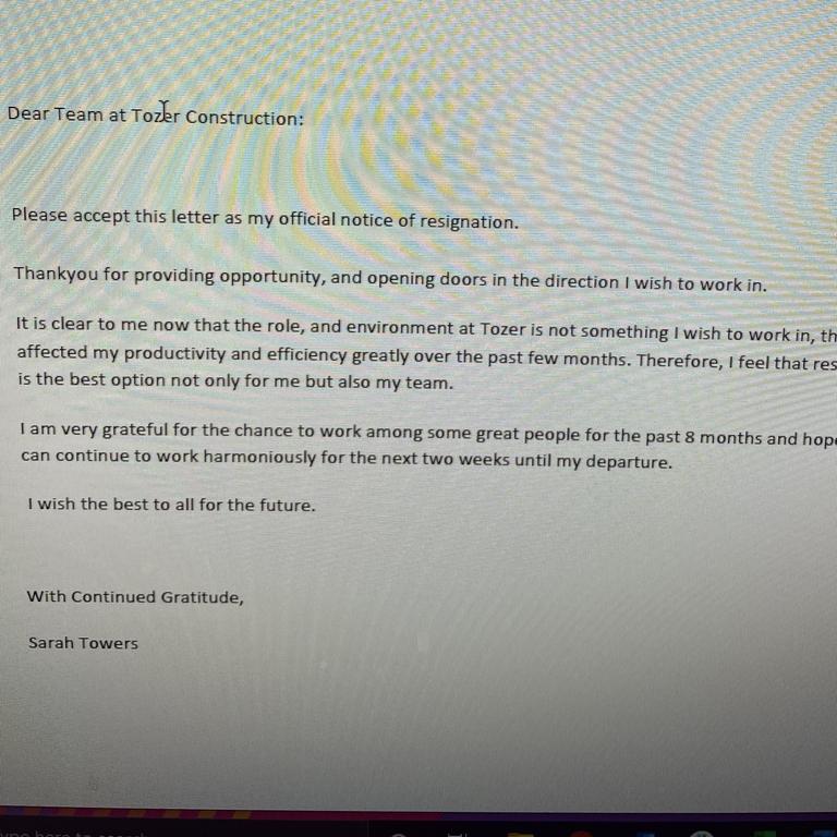 Sarah Towers’ letter of resignation.