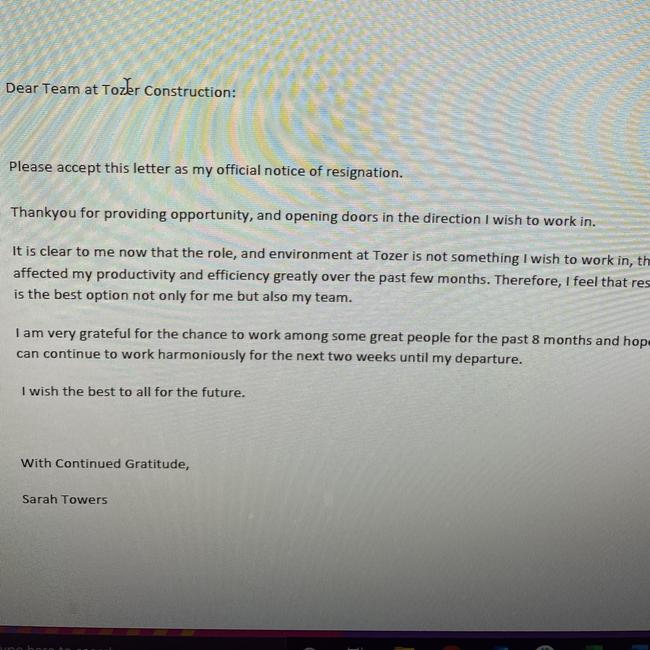 Sarah Towers’ letter of resignation.