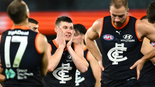 A dejected Sam Walsh after losing to the Brisbane Lions. Picture: Quinn Rooney/Getty Images