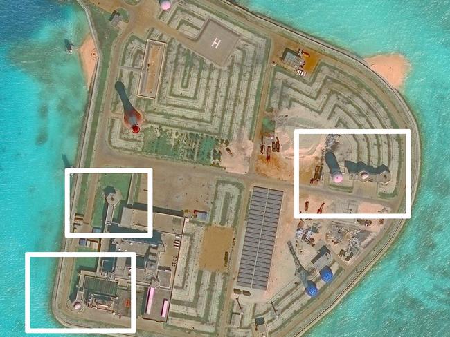 Anti-aircraft and antimissile systems can be seen on one of the artificial islands. Picture: CSIS