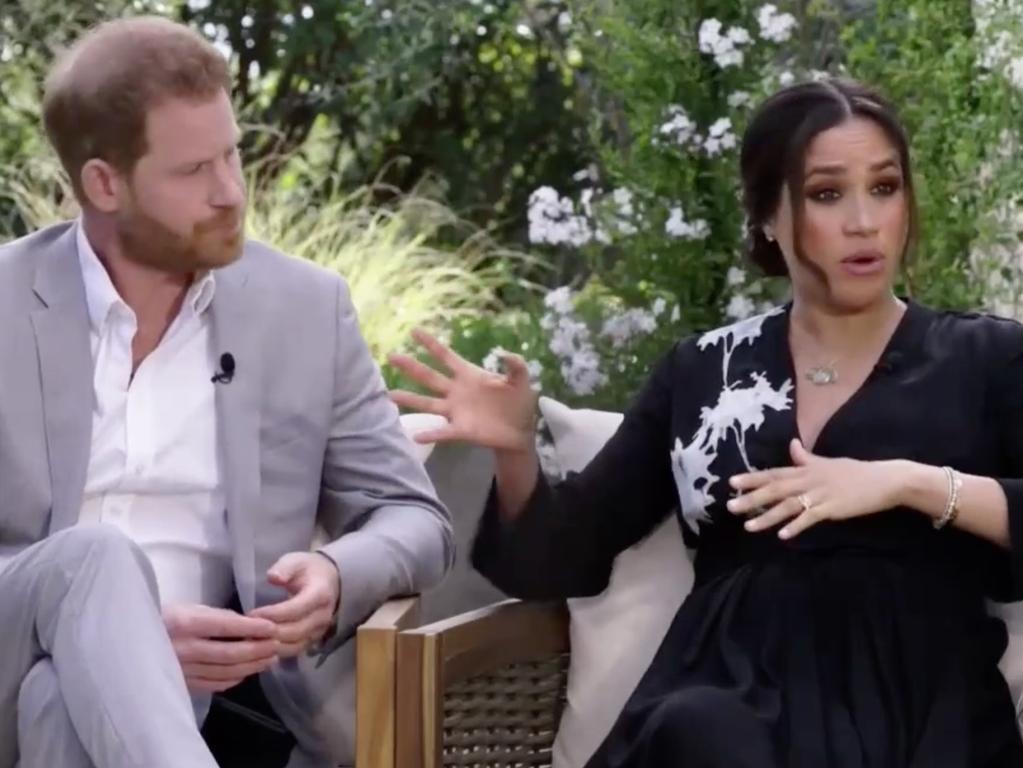 Prince Harry and Meghan Markle during their CBS interview with Oprah Winfrey. Picture: CBS