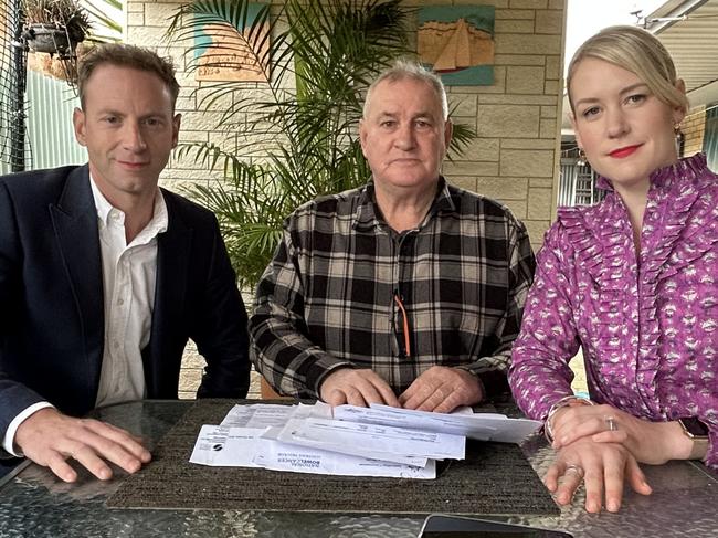 Opposition Leader Davis Speirs and health spokeswoman Ashton Hurn with Seaview Downs man Graham Wilson , who may have bowel cancer but can't get in to see a specialist. Picture: Supplied