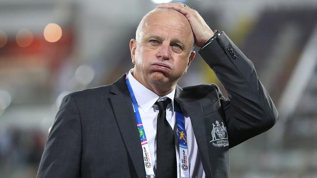 AL AIN, UNITED ARAB EMIRATES - JANUARY 15:  Graham Arnold the Head Coach of Australia shows his relief after his side's 3-2 victory during the AFC Asian Cup Group B match between Australia and Syria at Khalifa Bin Zayed Stadium on January 15, 2019 in Al Ain, United Arab Emirates. (Photo by Francois Nel/Getty Images)