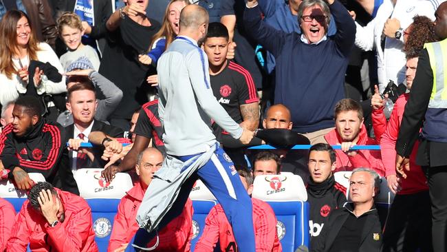 Manchester United manager Jose Mournho takes exception to the celebrations of a Chesea assistant coach at Stamford Bridge. Picture: Getty Images