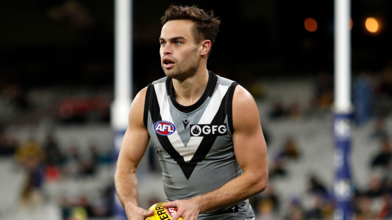 MELBOURNE, AUSTRALIA - JUNE 09: Karl Amon of the Power looks on during the 2022 AFL Round 13 match between the Richmond Tigers and the Port Adelaide Power at the Melbourne Cricket Ground on June 09, 2022 in Melbourne, Australia. (Photo by Dylan Burns/AFL Photos via Getty Images)