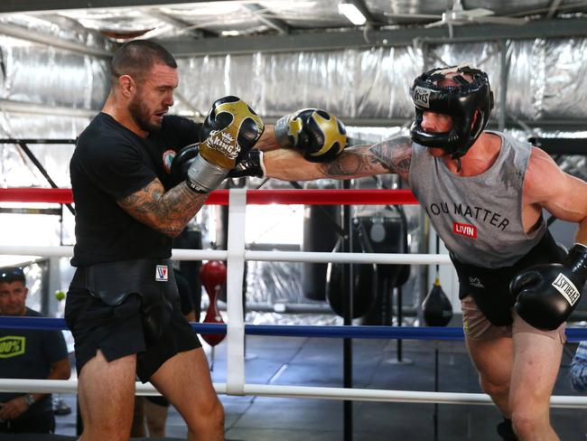 Barry Hall launches a huge right at IBF Pan Pacific cruiserweight champion Ben Kelleher at Hall’s training base at Cudgen in northern NSW. Picture: Adam Head