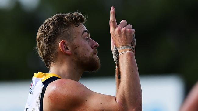 Hugh Greenwood of the Adelaide Crows celebrates a goal during the round 14 SANFL match against Glenelg. Picture: Mark Brake/Getty Images