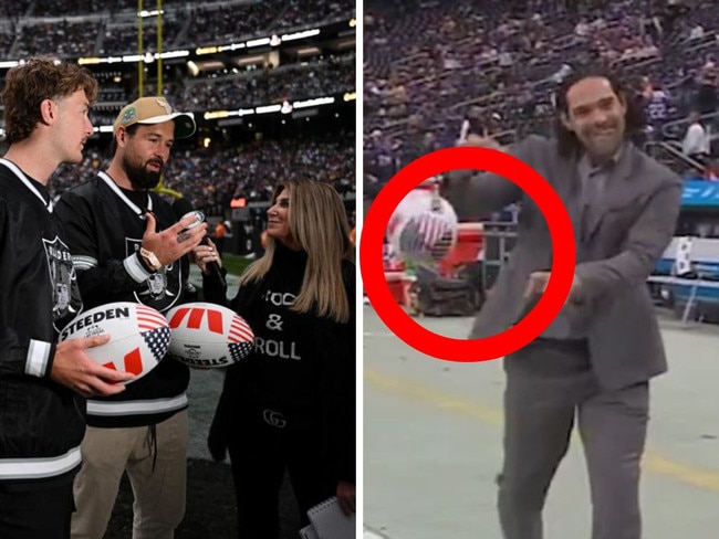 NRL players interviewed at halftime and (right), ex-NFL QB Mark Sanchez.