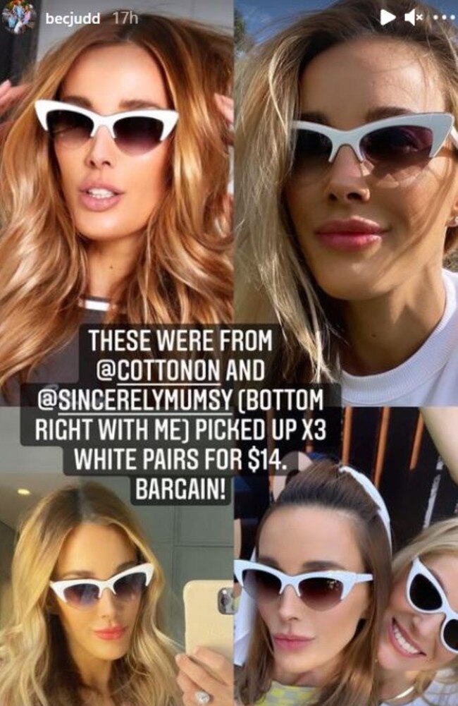 It’s her pair of white sunnies from Cotton On which she said a pair of three set her back just $14 – that’s $4.60 each. Picture: Instagram/BecJudd