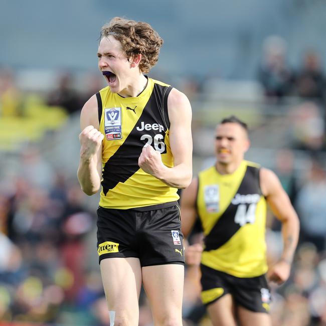 Riley Collier-Dawkins celebrates a goal during the 2019 VFL Grand Final. Picture: Michael Klein.