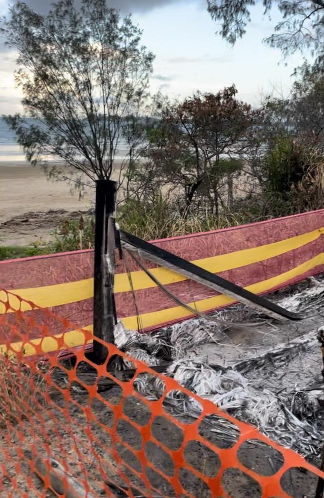 Vandals set fire to the viewing platform at the Pitt St entrance to Blacks Beach. Picture: Rae Wilson