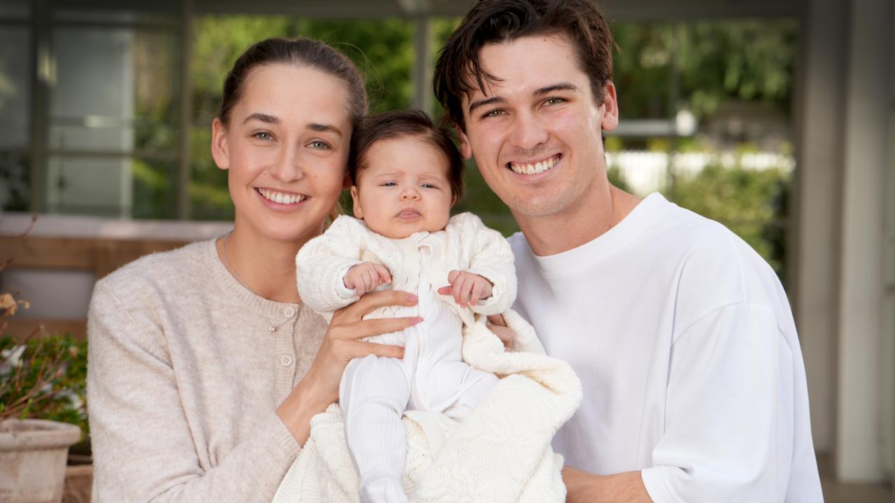 Connor Rozee, Maisie and daughter Audrey. Picture: Dean Martin.