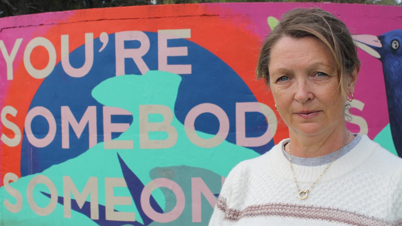 Deanne Griffin with her mural at the Hanging Rock Oval in Batemans Bay. Picture: Tom McGann