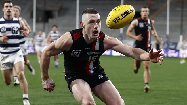 Frankston’s Blake O'Leary hunts the ball in the Dolphins round 13 VFL match against Geelong. Picture: Darrian Traynor/AFL Photos/via Getty Images