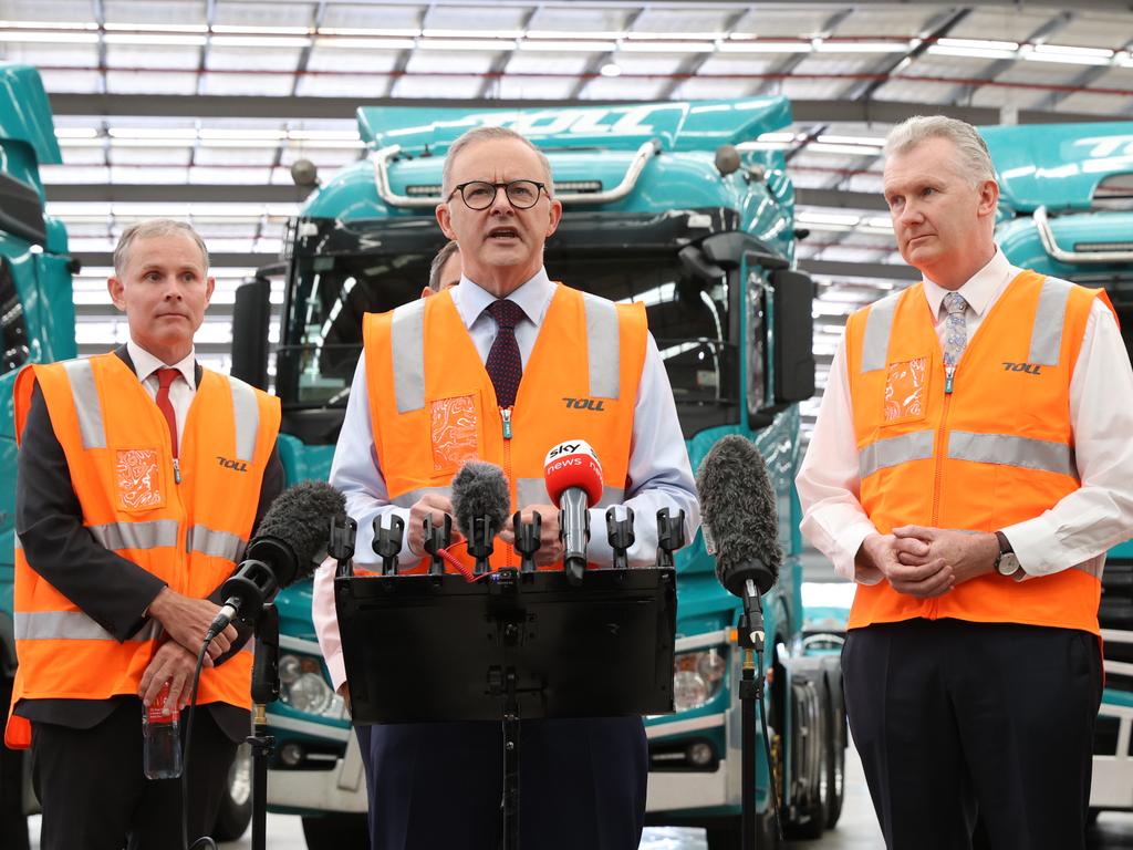 Labor leader Anthony Albanese visits Toll NQX National Office in Berrinba, Brisbane, with Labor candidate for Forde, Rowan Holzberger, and Shadow Minister for Industrial Relations Tony Burke (right). Picture: Toby Zerna