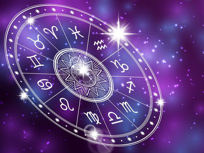 Horoscope circle on shiny backgroung - space backdrop with white astrology circle. Horoscope zodiac, symbols of aries and aquarius, sagittarius and scorpio, pisces and libra. Vector illustration