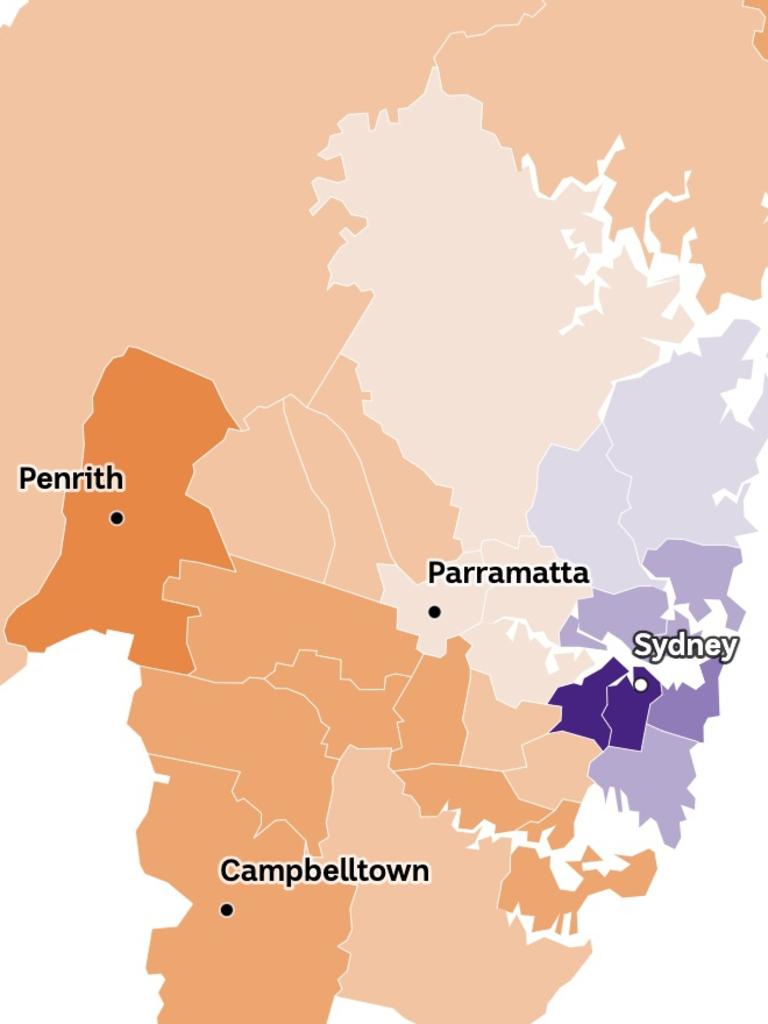 A clear split has emerged in how Australians voted in the Voice to Parliament referendum, with inner-city residents more likely to back the change and outer suburbs voters saying No. Inner-city Sydney, marked by purple, shows support for the Voice while the outer suburbs and regions said No. shows support for the Voice in Sydney. Picture: ABC, AEC