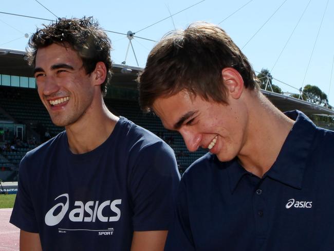 Mitchell Starc and his younger brother Brandon, who earned Australian selection in the high jump for this years world titles, in Sydney on Sunday.