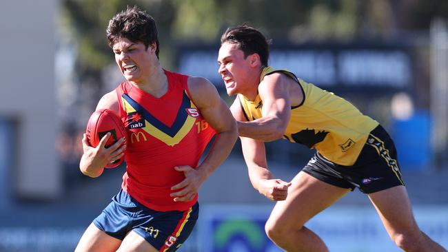 Hard-nosed Sturt draft prospect Tom Lewis during the national U18s clash against Western Australia at Alberton Oval. Picture: Tait Schmaal