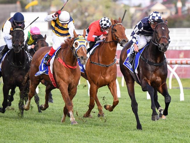 Russian Camelot (IRE) ridden by Damien Oliver wins the Hyland Race Colours Underwood Stakes  at Caulfield Racecourse on September 26, 2020 in Caulfield, Australia. (Pat Scala/Racing Photos via Getty Images)