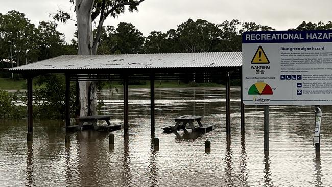 The picnic tables at Sandy Hook were inundated with flood water after the Burnett River broke its banks late Friday afternoon.