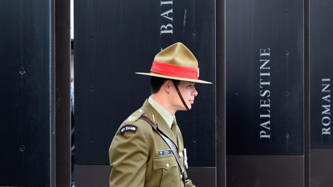 A member of the New Zealand Defence Force is seen in front of the Christchurch RSA building following the ANZAC Day Dawn Service. Picture: Getty