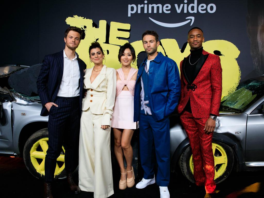 Jack Quaid, Claudia Doumit, Karen Fukuhara, Chace Crawford and Jessie T. Usher promoting The Boys in Sydney last year. Picture: Scott Ehler