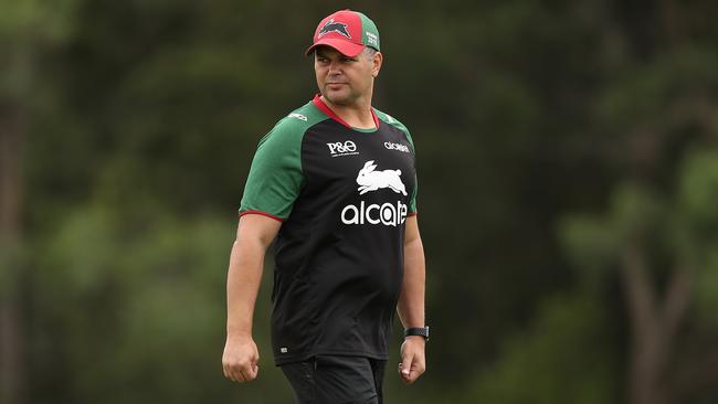 Souths coach Anthony Seibold at training this week. He farewelled his players on Friday only to be blindsided by Wayne Bennett’s decision to stay at the Broncos. Picture: Brett Costello