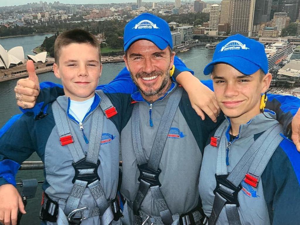 David Beckham and sons Cruz and Romeo climb the Sydney Harbour Bridge. Picture: David Beckham/Instagram