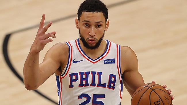 ATLANTA, GEORGIA - JUNE 18:  Ben Simmons #25 of the Philadelphia 76ers calls out a play against the Atlanta Hawks during the first half of game 6 of the Eastern Conference Semifinals at State Farm Arena on June 18, 2021 in Atlanta, Georgia.  NOTE TO USER: User expressly acknowledges and agrees that, by downloading and or using this photograph, User is consenting to the terms and conditions of the Getty Images License Agreement. (Photo by Kevin C. Cox/Getty Images)