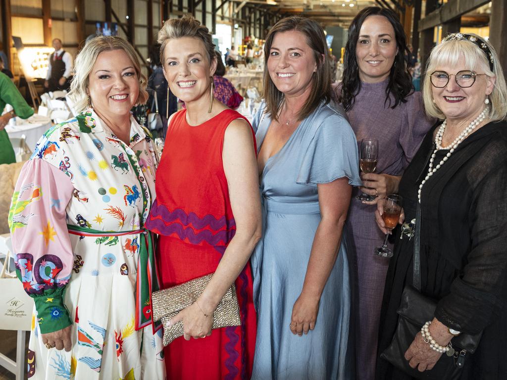 At the Ladies Diamond Luncheon are (from left) Alicia Vohland, Laura Ryan, Emma McAllister, Sarah Warner and Kath Turley hosted by Toowoomba Hospital Foundation at The Goods Shed, Friday, October 11, 2024. Picture: Kevin Farmer