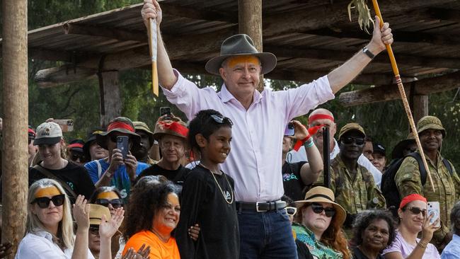 Prime Minister Anthony Albanese stands in front of the crowd after receiving ceremonial gifts from the Yolngu people during Garma Festival. Picture: Tamati Smith/Getty Images