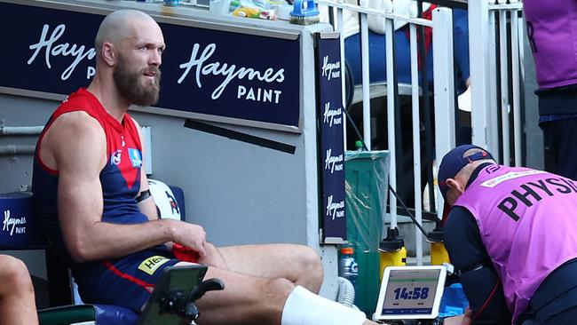 Melbourne captain Max Gawn is trying to return ahead of schedule from a chipped fibula for the Demons’ away clash against Fremantle. Picture: Graham Denholm / Getty Images