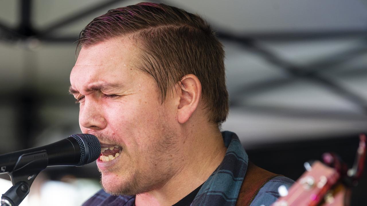 On stage with the River Movement is Jordan Winslade for the Toowoomba Busking Festival, Saturday, April 30, 2022. Picture: Kevin Farmer